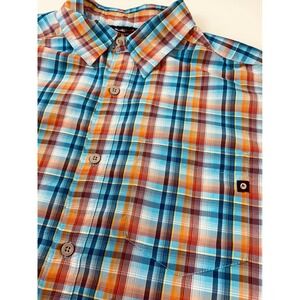Marmot Men's Plaid Short Sleeve Button Up‎ Shirt Size Medium Blue Orange Outdoor